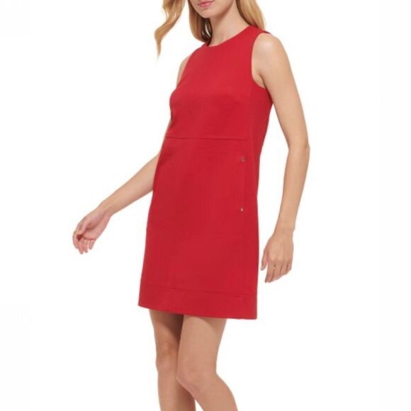 Tommy Hilfiger Red Twill Sleeveless Side Pocket Shift Dress - Picture 2 of 13